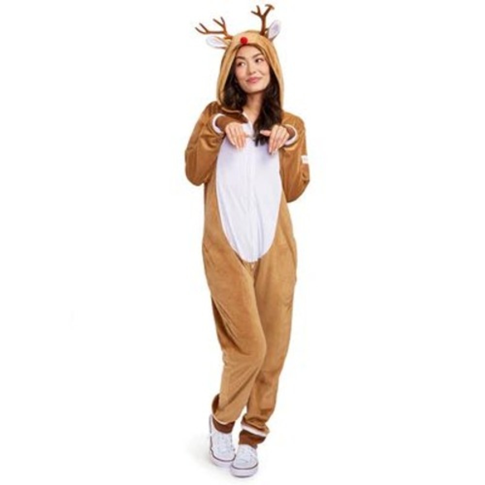 Tipsy Elves Red Nosed Reindeer Costume Onesie Pajamas Brown Adult small